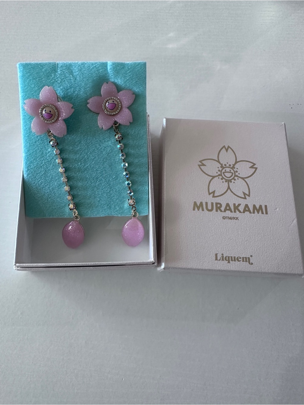 Pink Floral Drop Earrings with Crystal Chain